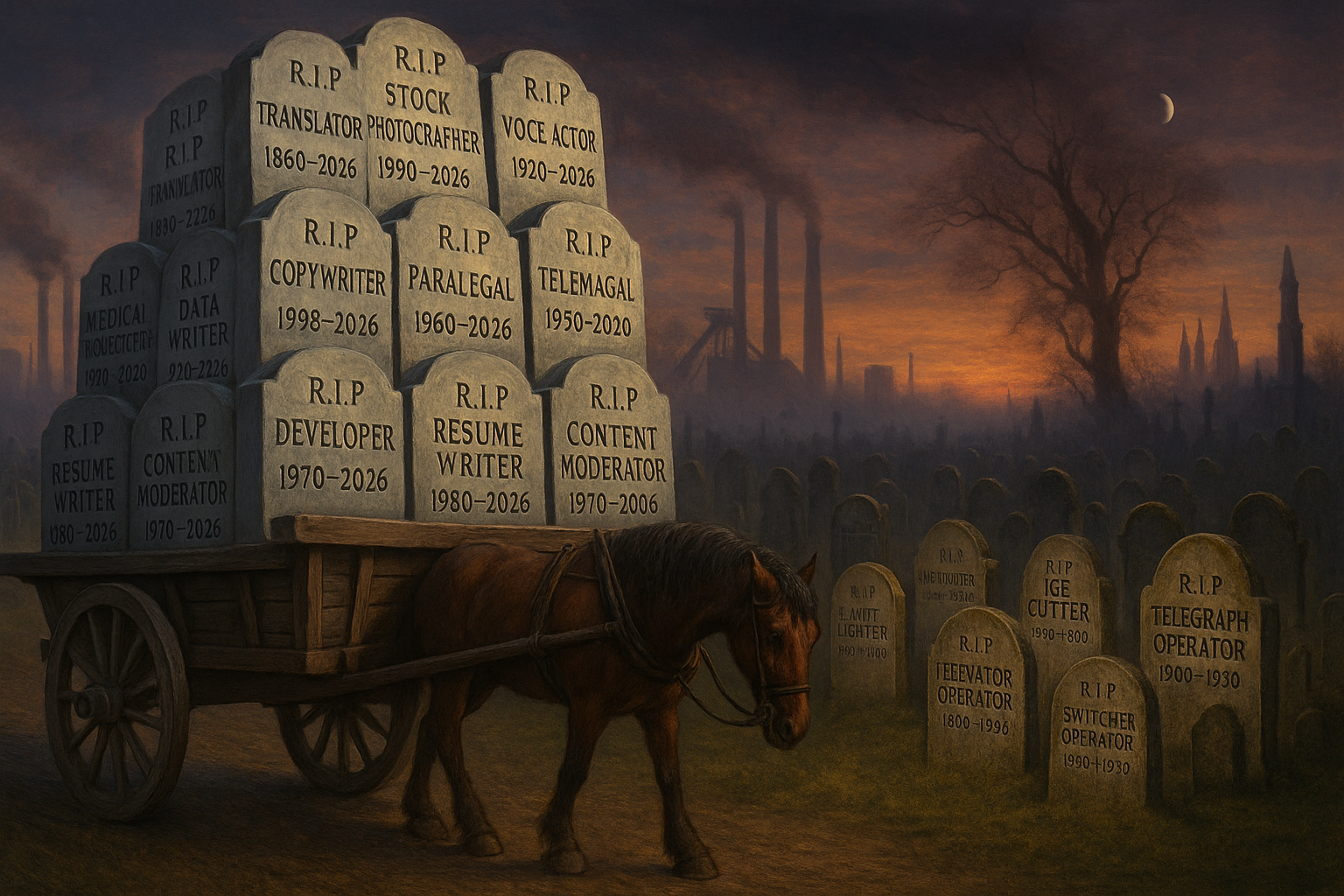 A horse-drawn cart overloaded with gravestones bearing modern job titles, approaching a Victorian industrial-era graveyard at dusk